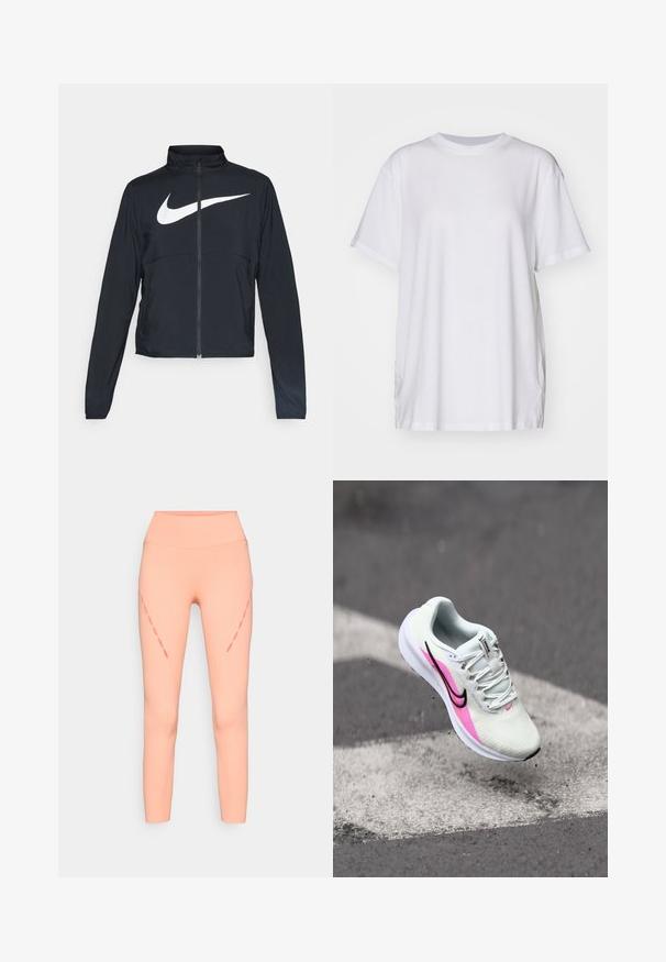 Giacca sportiva nera con zip completa, colletto alto, maniche lunghe e grande logo swoosh bianco Nike sul petto.; T-shirt bianco oversize in cotone, con colletto a girocollo, maniche corte e spacchi laterali per una vestibilità rilassata. Texture liscia.; Leggings color pesca con un design aderente, dotati di una vita alta e dettagli decorativi a taglio lungo la cucitura esterna. Texture liscia.; Scarpa da corsa leggera in mesh bianco, con accenti rosa e neri, tacco rialzato e suola testurizzata, posizionata in aria sopra il pavimento.