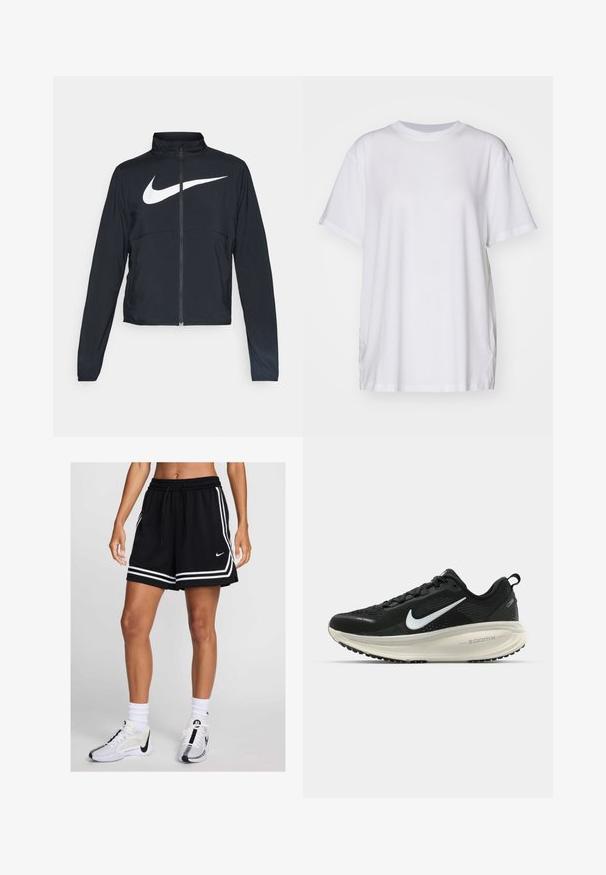 Musta urheilutakki, jossa on täysivetoketju, korkea kaulus, pitkät hihat ja suuri valkoinen Nike-tikkauksella rintaosa.; Valkoinen ylisuuri t-paita, joka on valmistettu puuvillasta. Paitassa on pyöreä kaula-aukko, lyhyet hihat ja sivuhalkiot, jotka tarjoavat rentoa istuvuutta. Silkkinen rakenne.; Mustat urheilushortsit, joissa on valkoiset raidat, joustava vyötärö ja nyöritys. Yhdistetty valkoisten ja mustien tennareiden sekä sukkien kanssa.; Mustat Nike-juoksukengät, joissa on hengittävä verkko-osa, valkoinen swoosh-logo, teksturoitu yksityiskohtaus ja kermaisen värinen ZoomX-välipohja.