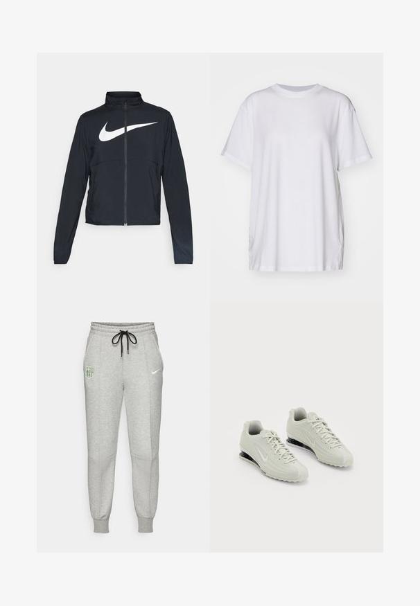 Zwarte sportjas met volledige rits, hoge kraag, lange mouwen en groot wit Nike swoosh-logo op de borst.; Witte oversized t-shirt van katoen, met een ronde hals, korte mouwen en zijsplitten voor een ontspannen pasvorm. Soepele textuur.; Lichtgrijze sweatpants met zwarte trekkoord, elastische boorden, FC Barcelona-logo op de linker bovenbeen en neon Nike-swoosh op het rechter bovenbeen.; Witte Nike sneakers met een gestructureerde bovenkant, voorzien van een gladde neus en zwarte dempingaccenten. Vetersluiting met een versterkte hiel.