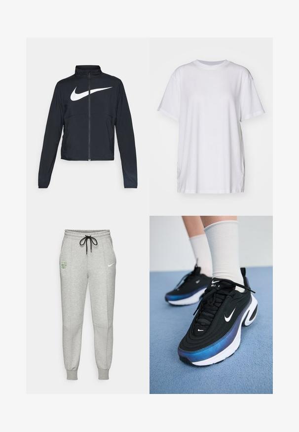 Juodas sportinis džemperis su visiškai užtraukiama užtrauktuku, aukšta apykakle, ilgomis rankovėmis ir dideliu baltu Nike swoosh logotipu per krūtinę.; Balta per didelė medvilninė marškinėlių, su apvalia iškirpte, trumpomis rankovėmis ir šoninėmis praplatinimų detalėmis, užtikrinančiomis komfortišką prigludimą. Sklandus paviršius.; Šviesiai pilkos sportinės kelnės su juodu raiščiu, elastingomis rankovėmis, FC Barcelona logotipu kairėje šlaunyje ir neoniniu Nike swoosh logotipu dešinėje šlaunyje.; Juodi Nike sportbačiai su glotna audinio viršutine dalimi, turintys gradientinį mėlynos ir juodos spalvos dizainą, baltą pado dalį ir akcentuotus logotipus.