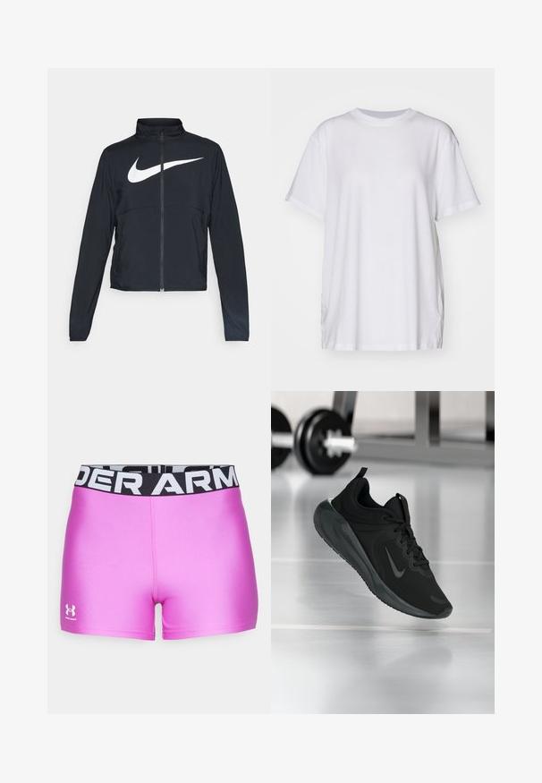 Sort fuld-zip sportsjakke med høj krave, lange ærmer og stort hvidt Nike swoosh-logo på brystet.; Hvid oversized t-shirt lavet af bomuld, med rund halsudskæring, korte ærmer og sideslids for en afslappet pasform. Glat tekstur.; Lyserøde atletikshorts med en glat tekstur. Sort elastik med "UNDER ARMOUR" i hvide bogstaver. Logo på venstre ben.; Sort sportsko med Nike-logo, vist midt i luften på et gymgulv, med en sløret vægtstang i baggrunden.