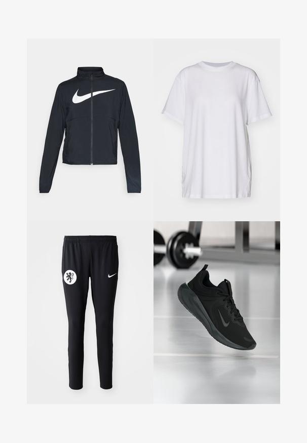 Melnā sporta jaka ar pilnu rāvējslēdzēju, augstu apkakli, garām piedurknēm un lielu baltu Nike swoosh logotipu krūšu daļā.; Balts oversize T-krekls izgatavots no kokvilnas, ar apaļu kakla izgriezumu, īsām piedurknēm un sānu šķelumiem, lai nodrošinātu brīvu piegriezumu. Gluda tekstūra.; Melnas sporta bikses ar baltu lauvu emblēmu kreisajā augšstilbā un baltu Nike logotipu labajā pusē. Izgatavotas no gludas, elastīgas auduma.; Melnas sporta kedas ar Nike logo, rādot gaisā uz sporta zāles grīdas, ar izplūdušu hantelēm fona.
