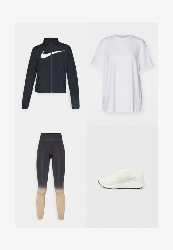 Črna športna jakna z polnim zadrgo, visokim ovratnikom, dolgimi rokavi in velikim belim logotipom Nike swoosh čez prsi.; Bela prevelika majica iz bombaža, s krojem okruglog izreza, kratkimi rukavi in stranskimi razporki za sproščen fit. Gladka tekstura.; Črne in bež ombre legice z visokim pasom. Narejene iz elastičnega materiala, z gladko teksturo in oprijetim dizajnom.; Nike Performance DOWNSHIFTER 13 - Tekaški copati za cesto - sail/silver-coloured photon dust/summit white/barely volt/black