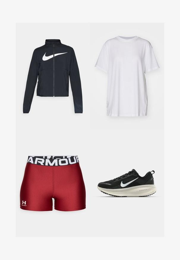 Czarna bluza sportowa na zamek błyskawiczny z wysokim kołnierzem, długimi rękawami i dużym białym logo Nike na klatce piersiowej.; Biały, oversize'owy T-shirt wykonany z bawełny, z okrągłym dekoltem, krótkimi rękawami i bocznymi rozcięciami, zapewniający luźny krój. Gładka faktura.; Under Armour - Rajstopy; Czarna biegowa półbut z oddychającej siateczki, białym logo swoosh, teksturowanymi detalami oraz kremową podeszwą środkową ZoomX.