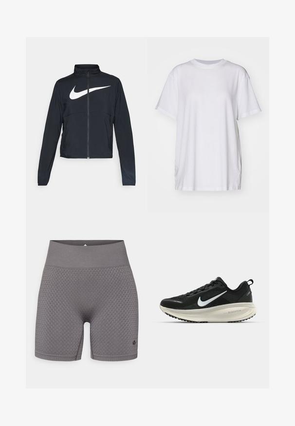 Čierna športová bunda na zips s vysokým golierom, dlhými rukávmi a veľkým bielym logom Nike na hrudi.; Biele oversized tričko vyrobené z bavlny, s okrúhlym výstrihom, krátkymi rukávmi a bočnými rozparkami pre voľný strih. Hladká textúra.; Šedé športové šortky s textúrou, širokým elastickým pásom a diskrétnym logom na dolnej ľavej strane. Tkanina má vzorovaný dizajn.; Čierne bežecké topánky Nike s priedušnou sieťovinou, bielym logom s symbolom swoosh, textúrovanými detailmi a krémovou ZoomX medzipodrážkou.