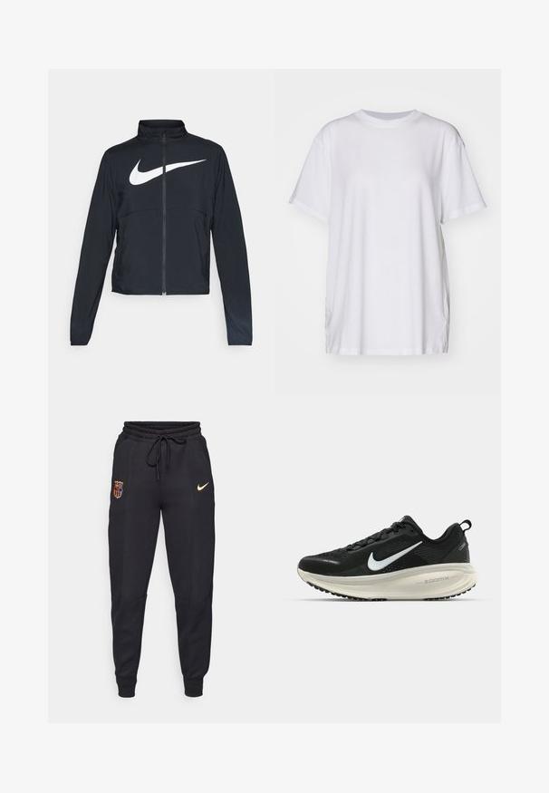 Fekete, teljes cipzáros sportdzseki magas gallérral, hosszú ujjal, amelyen egy nagy, fehér Nike logó található a mellkason.; Fehér, nagyméretű pamut póló, kerek nyakkivágással, rövid ujjakkal és oldalsó hasítékokkal a laza illeszkedés érdekében. Simma textúra.; Fekete, pamut keverék szövetből készült melegítőnadrág, rugalmas derékkal és húzózsinórral, oldalsó zsebekkel és arany, valamint színes hímzett logókkal.; Fekete Nike futócipő légáteresztő hálós felsőrésszel, fehér Swoosh logóval, textúrázott részletekkel és krém színű ZoomX középtalppal.