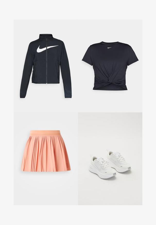 Svart sportjacka med hel dragkedja, hög krage, långa ärmar och stor vit Nike swoosh-logotyp över bröstet.; Svart atletisk t-shirt i mjukt tyg, med en knuten framdesign och en liten vit Nike-logga på bröstet.; Persikofärgad veckad kjol med en bred elastisk midja och mjuk textur. Har en enkel logotypdetalj nere till höger.; Vita atletiska skor med en texturerad mesh-övre, dämpad sula och diskreta grå accenter. Inkluderar logotyp och slinga vid hälen för lätt påtagning.