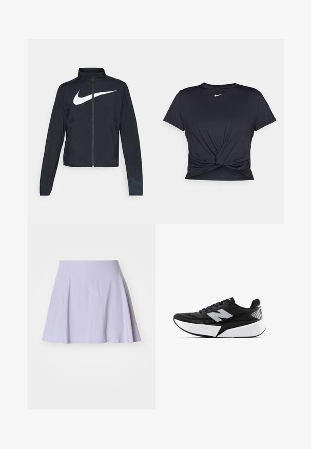 Črna športna jakna z polnim zadrgo, visokim ovratnikom, dolgimi rokavi in velikim belim logotipom Nike swoosh čez prsi.; Črna atletska majica iz gladkega materiala, z vozlanim sprednjim delom in majhnim belim logotipom Nike na prsih.; Lila krilna krila iz mehkega bombažnega materiala, s širokim dizajnom, elastičnim pasom in brez vidnih vzorcev ali dodatkov.; Črno-bela tekaška obutev New Balance z debelim podplatom, mrežnim zgornjim delom in logotipom "N" na strani, prikazana s zunanje strani.