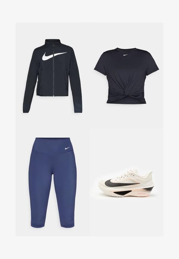 Must musta täispikk vary hoodie kõrge krae, pikad varrukad ja suur valge Nike swooshi logo rinnal.; Mustmust musta sportlik T-särk, mis on valmistatud sujuvast kangast, millel on sõlmega esikülg ja väike valge Nike logo rinnal.; Tumesinised kapri legginsid, mis on valmistatud elastsetest kangast, laia vöökoha ja väikese valge logoga vasakul küljel. Nähtavad õmblused puuduvad.; Valge spordijalgpall, millel on must ja roosa vaheosa, tekstureeritud pealmine osa ning silmatorkav Nike swoosh, sisaldades paelu ja polsterdatud kaelaosa.