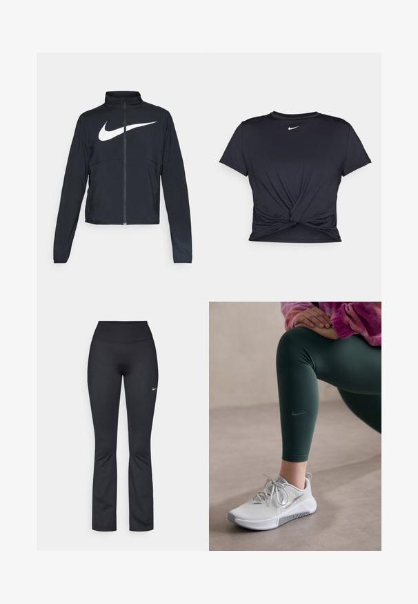 Svart sportjacka med hel dragkedja, hög krage, långa ärmar och stor vit Nike swoosh-logotyp över bröstet.; Svart atletisk t-shirt i mjukt tyg, med en knuten framdesign och en liten vit Nike-logga på bröstet.; Svarta sportleggings med hög midja, gjorda av mjukt och stretchigt tyg. Har en liten vit Nike-logotyp på vänstra låret.; Nike löparskor i ljusgrått med en texturerad ovandel, grå detaljer och en vit sula, kombinerade med mörkgröna leggings med en logotyp.