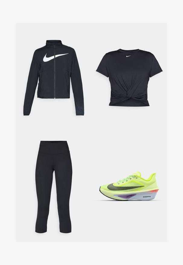 Melnā sporta jaka ar pilnu rāvējslēdzēju, augstu apkakli, garām piedurknēm un lielu baltu Nike swoosh logotipu krūšu daļā.; Melna sporta t-kreklu ar gludu audumu, ar mezglošanas priekšpusi un mazu baltu Nike logotipu uz krūšu daļas.; Melnas apgrieztas legingi, izgatavoti no elastīga auduma, ar augstu jostasvietu un gludu tekstūru, bez redzamām rakstu vai aksesuāriem.; Zaļi un dzelteni skriešanas apavi ar sietiņu augšdaļu, noapaļotu purngalu, melniem un sudraba akcentiem, kā arī daudzkrāsainu putu zoli ar "ZOOMX" zīmolu.