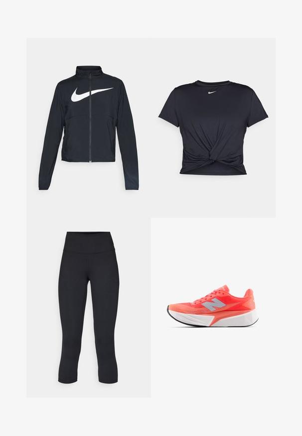 Veste de sport noire zippée sur toute la longueur avec un col haut, des manches longues et un grand logo Nike swoosh blanc sur la poitrine.; T-shirt de sport noir en tissu lisse, avec un design avant noué et un petit logo Nike blanc sur la poitrine.; Leggings noirs coupés en tissu extensible, avec une taille haute et une texture lisse, sans motifs ni éléments visibles.; Chaussure de course légère en corail vif avec haut en mesh et logo argenté. Semelle intermédiaire blanche texturée distincte et semelle extérieure en caoutchouc noir.