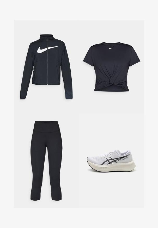 Svart joggebund med hel glidelås, høy krage, lange ermer og stort hvitt Nike swoosh-logo over brystet.; Svart trenings T-skjorte laget av glatt stoff, med en knyttet frontdesign og en liten hvit Nike-logo på brystet.; Sorte, cropped leggings laget av elastisk stoff, med høy midje og glatt tekstur, uten synlige mønstre eller detaljer.; ASICS MAGIC SPEED - Løpesko for vei - white/black