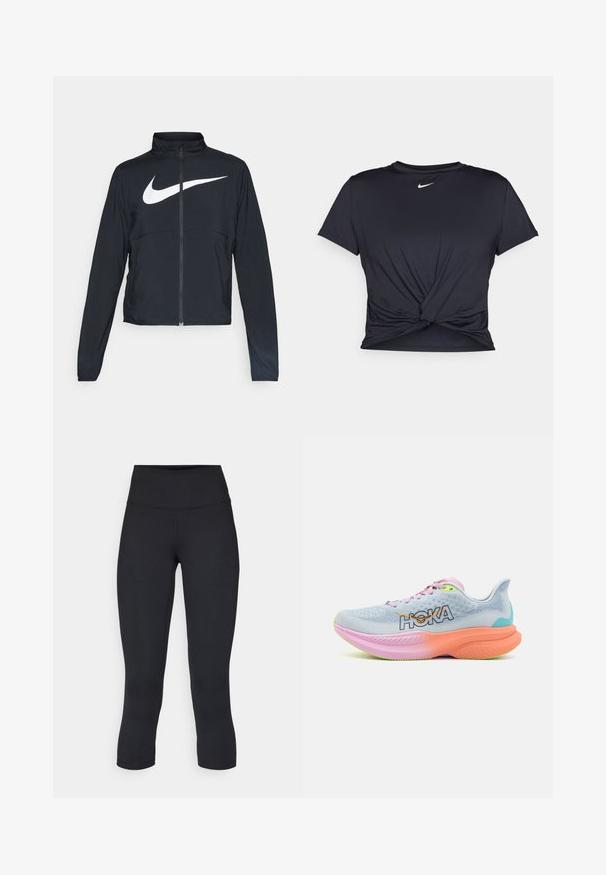 Črna športna jakna z polnim zadrgo, visokim ovratnikom, dolgimi rokavi in velikim belim logotipom Nike swoosh čez prsi.; Črna atletska majica iz gladkega materiala, z vozlanim sprednjim delom in majhnim belim logotipom Nike na prsih.; Črne skrajšane legice iz raztegljive tkanine, z visokim pasom in gladko teksturo, brez vidnih vzorcev ali kovinskih delov.; HOKA MACH 6 - Tekaški copati za cesto - illusion/dusk