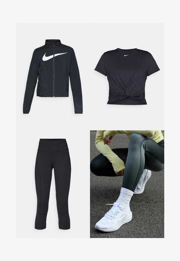 Black full-zip sports jacket with high collar, long sleeves, and large white Nike swoosh logo across the chest.; Black athletic t-shirt made of smooth fabric, featuring a knotted front design and a small white Nike logo on the chest.; Black cropped leggings made of stretchy fabric, featuring a high waistband and smooth texture, with no visible patterns or hardware.; White athletic shoes with mesh upper, flat laces, and cushioned sole, paired with dark green leggings and a light yellow long-sleeve top.