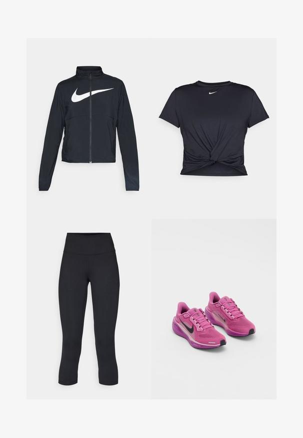 Černá sportovní bunda na zip s vysokým límcem, dlouhými rukávy a velkým bílým logem Nike swoosh přes prsa.; Černé sportovní tričko vyrobené z hladkého materiálu, s uzlovým designem vpředu a malým bílým logem Nike na hrudi.; Černé zkrácené legíny vyrobené z pružné látky, s vysokým pasem a hladkou texturou, bez viditelných vzorů nebo kovových prvků.; Růžové sportovní boty s vrchní částí z prodyšné tkaniny, černý Nike swoosh, polstrování límce a odpruženou podrážkou. Obsahují reflexní detaily a tkaničky.