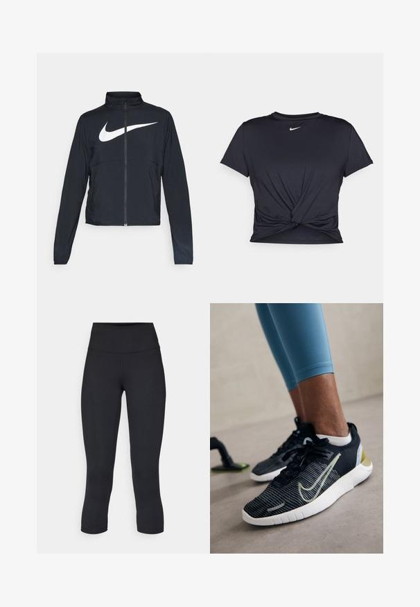 Črna športna jakna z polnim zadrgo, visokim ovratnikom, dolgimi rokavi in velikim belim logotipom Nike swoosh čez prsi.; Črna atletska majica iz gladkega materiala, z vozlanim sprednjim delom in majhnim belim logotipom Nike na prsih.; Črne skrajšane legice iz raztegljive tkanine, z visokim pasom in gladko teksturo, brez vidnih vzorcev ali kovinskih delov.; Črne športne čevlje z teksturirano tkanino, belo podplatom in rumenim poudarkom. Imajo zavezovanje in izstopajoč logotip na strani.
