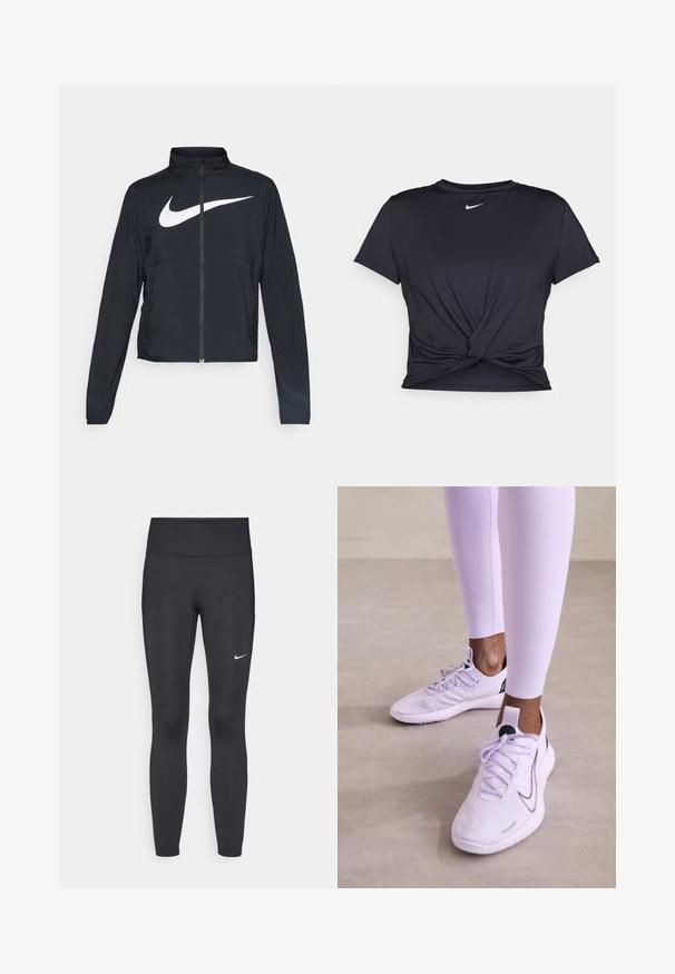 Black full-zip sports jacket with high collar, long sleeves, and large white Nike swoosh logo across the chest.; Black athletic t-shirt made of smooth fabric, featuring a knotted front design and a small white Nike logo on the chest.; Black leggings made of stretchy fabric, featuring a high waistband and a white Nike logo on the left thigh. Smooth texture, form-fitting design.; Nike Performance FREE RN FK NATURE - Road running shoes - lilac bloom/black/barely grape/vivid purple