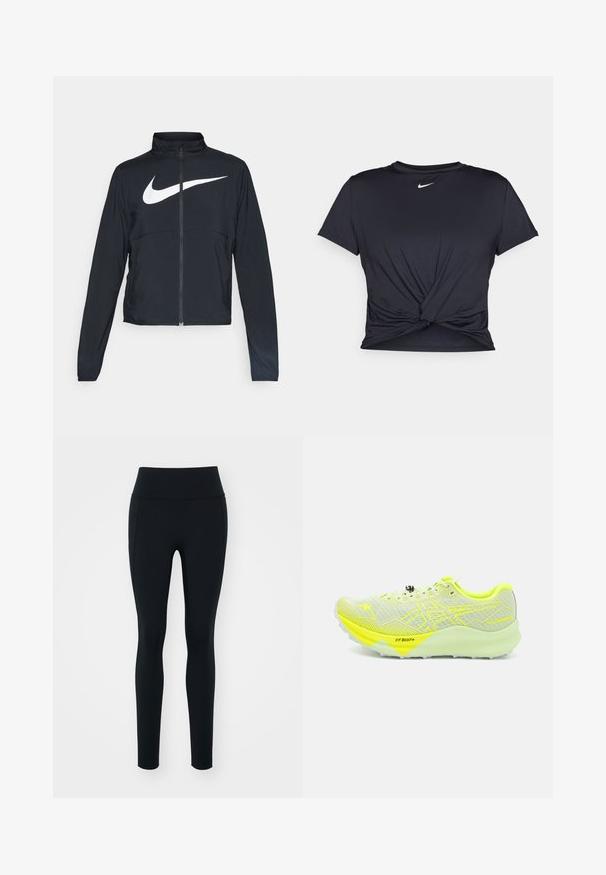 Casaco desportivo preto com fecho éclair completo, gola alta, mangas longas e grande logótipo branco da Nike na parte frontal.; T-shirt atlético preto feito de tecido liso, apresentando um design frontal com nó e um pequeno logótipo branco da Nike no peito.; Leggings pretos feitos de material elástico com uma cintura alta. Textura suave, design ajustado e sem adornos ou padrões visíveis.; Sapatilha de corrida leve, parte superior em malha cinza claro com detalhes em amarelo neon, intermédio texturizado e sola em borracha com padrão de tração.