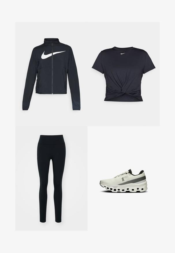 Veste de sport noire zippée sur toute la longueur avec un col haut, des manches longues et un grand logo Nike swoosh blanc sur la poitrine.; T-shirt de sport noir en tissu lisse, avec un design avant noué et un petit logo Nike blanc sur la poitrine.; Leggings noirs en matière extensible avec une taille haute. Texture lisse, design ajusté et sans embellissements ni motifs visibles.; Chaussure de sport blanche avec une tige en tricot texturé, une bande grise, et une semelle épaisse et rembourrée avec des découpes hexagonales pour plus de flexibilité.