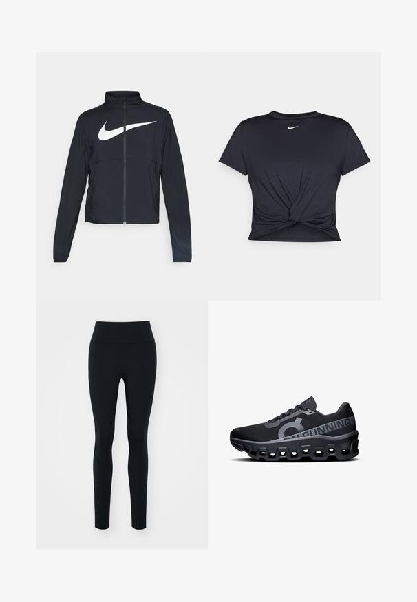 Jachetă sport neagră cu fermoar pe toată lungimea, guler înalt, mâneci lungi și un logo mare alb Nike swoosh pe piept.; Tricou sport negru din material neted, cu un design frontal legat și un mic logo Nike alb pe piept.; Colanți negri din material elastic, cu talie înaltă. Textură netedă, design ajustat și fără accesorii sau modele vizibile.; Pantofi de alergare negri cu un superior din plasă texturată, având un logo proeminent și accente reflectorizante. Talpă groasă din spumă cu decupaje hexagonale.