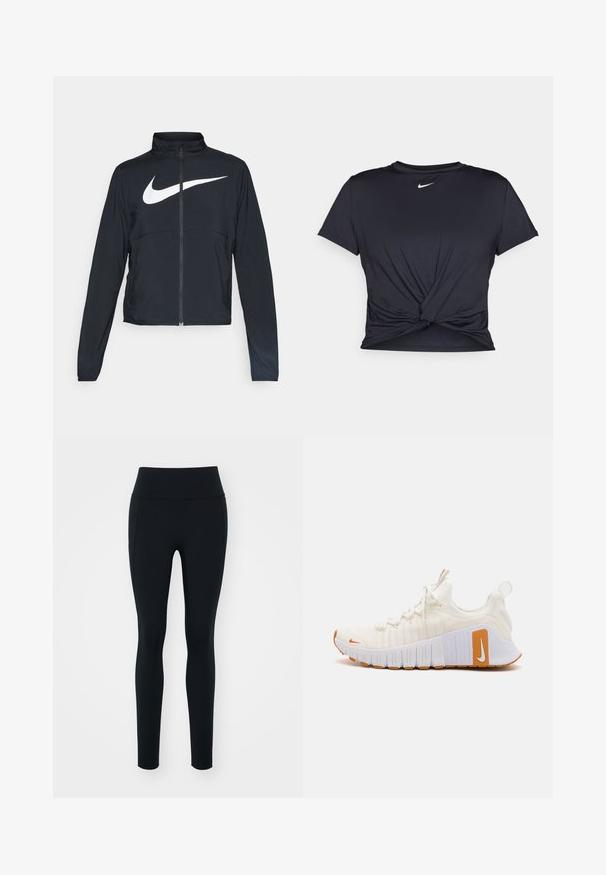 Sort fuld-zip sportsjakke med høj krave, lange ærmer og stort hvidt Nike swoosh-logo på brystet.; Sort atletisk t-shirt lavet af glat stof, med et knyttet frontdesign og et lille hvidt Nike-logo på brystet.; Sorte leggings lavet af strækbart materiale med en høj talje. Glat tekstur, tætsiddende design og ingen synlige dekorationer eller mønstre.; Hvide atletiske sko med overdel af tekstureret stof og orange accenter. Har en tyk hvid sål med gummigreb og fremtrædende branding.