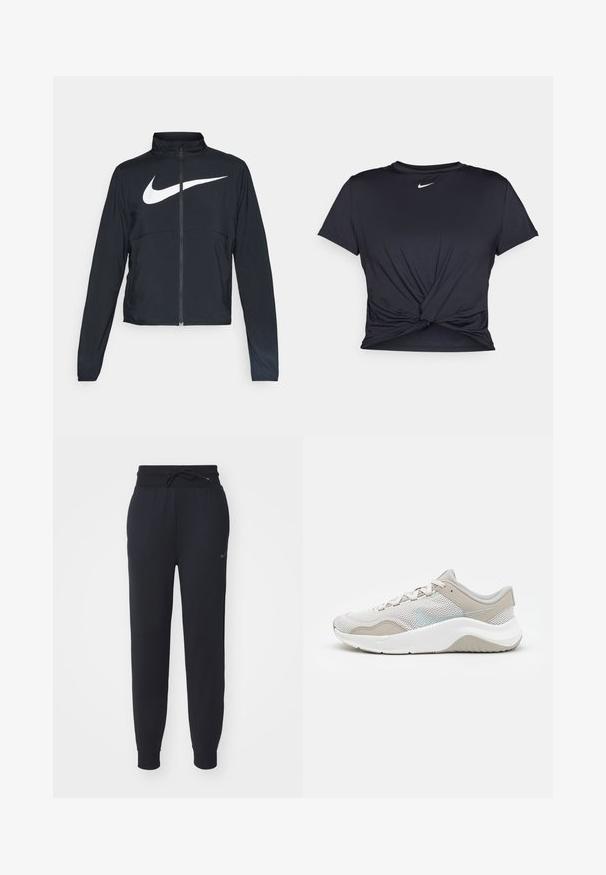 Crna sportska jakna s punim patentnim zatvaračem, visokim ovratnikom, dugim rukavima i velikim bijelim Nike swoosh logom preko grudi.; Crni trenirac s kratkim rukavima izrađen od glatkog materijala, s čvorastim dizajnom sprijeda i malim bijelim Nike logotipom na prsima.; Crne trenirka hlače od mekog materijala, s elastičnim pojasom i vezicom, bočnim džepovima i suptilnim logotipom na lijevoj bedri.; Svijetlosivi atletski tenisice s mrežastim gornjištem, glatkim antilop detaljima, bijelim gumeni potplat i suptilnim reflektirajućim logotipom. Pojednostavljen dizajn.