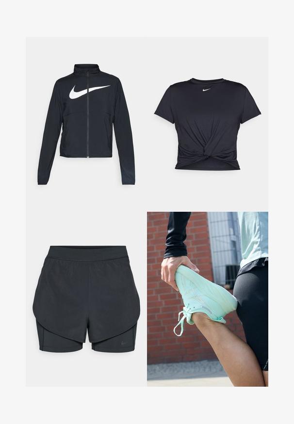 Black full-zip sports jacket with high collar, long sleeves, and large white Nike swoosh logo across the chest.; Black athletic t-shirt made of smooth fabric, featuring a knotted front design and a small white Nike logo on the chest.; Black athletic shorts with a layered design, featuring a smooth outer layer and fitted inner shorts. Made of lightweight, stretch fabric.; ASICS GEL-NIMBUS 26 - Road running shoes - mint tint/pale mint