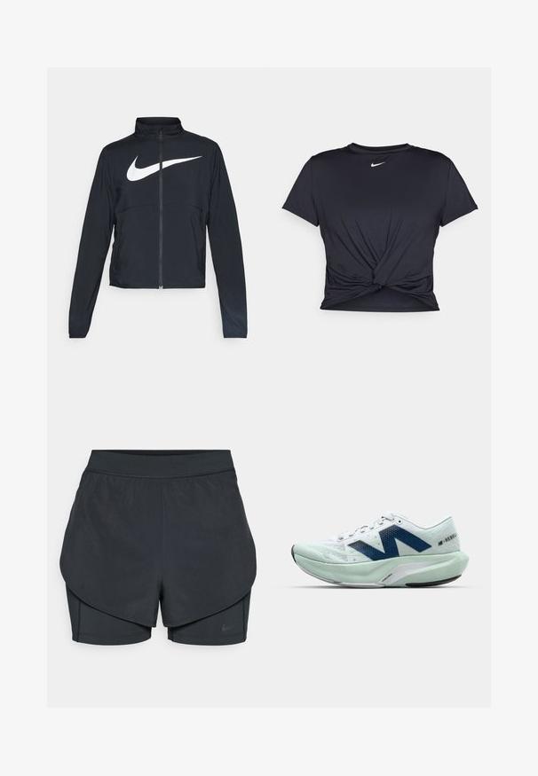 Casaco desportivo preto com fecho éclair completo, gola alta, mangas longas e grande logótipo branco da Nike na parte frontal.; T-shirt atlético preto feito de tecido liso, apresentando um design frontal com nó e um pequeno logótipo branco da Nike no peito.; Calções desportivos pretos com um design em camadas, apresentando uma camada exterior suave e calções interiores ajustados. Feitos de um tecido leve e elástico.; Shoe de corrida leve em branco e verde menta claro, com detalhes azuis, parte superior em malha texturizada e sola acolchoada com calcanhar pronunciado.