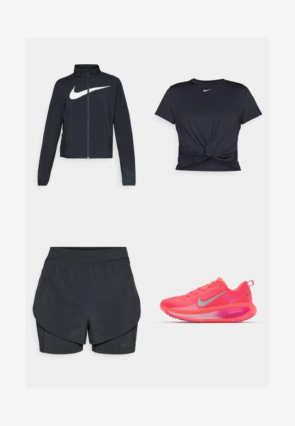 Melnā sporta jaka ar pilnu rāvējslēdzēju, augstu apkakli, garām piedurknēm un lielu baltu Nike swoosh logotipu krūšu daļā.; Melna sporta t-kreklu ar gludu audumu, ar mezglošanas priekšpusi un mazu baltu Nike logotipu uz krūšu daļas.; Melnas sporta šortus ar slāņotu dizainu, kas ietver gludu ārējo slāni un pieguļošus iekšējos šortus. Izgatavoti no viegla, elastīga auduma.; Nike Performance VOMERO 18 - Apavi skriešanai pa asfaltu - bright crimson/white/hyper pink/pink foam