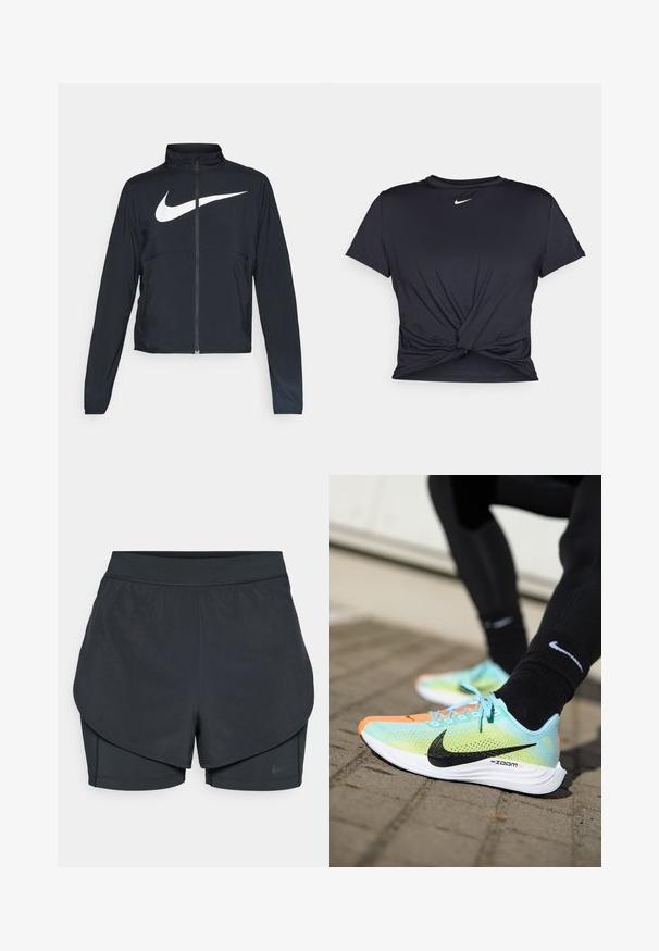 Czarna bluza sportowa na zamek błyskawiczny z wysokim kołnierzem, długimi rękawami i dużym białym logo Nike na klatce piersiowej.; Czarna sportowa koszulka z gładkiego materiału, z wiązanym przodem i małym białym logo Nike na piersi.; Czarne spodenki sportowe z warstwowym krojem, z gładką zewnętrzną warstwą i dopasowanymi wewnętrznymi spodniami. Wykonane z lekkiej, elastycznej tkaniny.; Buty biegowe Nike ZoomX mają siateczkową cholewkę w miętowym odcieniu z czarnymi akcentami, pomarańczowy czubek oraz białą podeszwę z teksturowanym gripem.