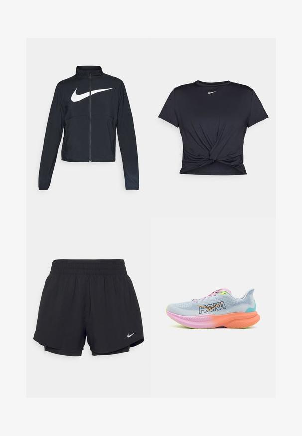 Svart joggebund med hel glidelås, høy krage, lange ermer og stort hvitt Nike swoosh-logo over brystet.; Svart trenings T-skjorte laget av glatt stoff, med en knyttet frontdesign og en liten hvit Nike-logo på brystet.; Svarte idrettsshorts med samlet elastisk midje, indre fôr og hvit Nike-logo nederst til venstre. Jevnt, lett stoff.; HOKA MACH 6 - Løpesko for vei - illusion/dusk