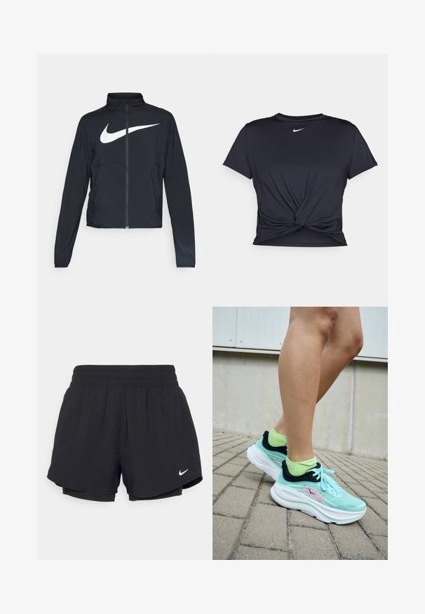Juodas sportinis džemperis su visiškai užtraukiama užtrauktuku, aukšta apykakle, ilgomis rankovėmis ir dideliu baltu Nike swoosh logotipu per krūtinę.; Juodas sportinis marškinėlis, pagamintas iš lygios medžiagos, su surišta priekiu ir mažu baltu Nike logotipu ant krūtinės.; Juodi sportiniai šortai su susiūtu elastingu juosmeniu, vidiniu pamušalu ir baltu „Nike“ logotipu apatiniame kairiajame kampe. Lygus, lengvas audinys.; HOKA sportbačiai šviesiai mėlynos spalvos su tamsiai mėlynomis detalėmis ir rožiniu logotipu; tinklinis viršus ir storas baltas padas; vienu metu su ryškiai žaliais kojiniais.