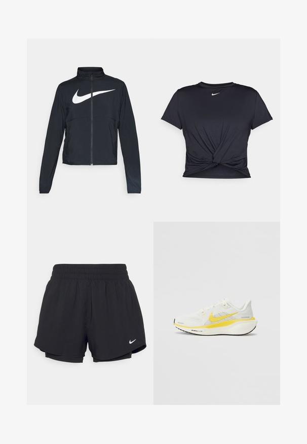 Chaqueta deportiva negra de cremallera completa con cuello alto, mangas largas y gran logo de Nike en blanco en el pecho.; Camiseta atlética negra hecha de tela suave, con un diseño de nudo en la parte delantera y un pequeño logo blanco de Nike en el pecho.; Pantalones cortos deportivos negros con cintura elástica fruncida, forro interior y logo blanco de Nike en la parte inferior izquierda. Tejido suave y ligero.; Zapatilla de running Nike en malla blanca con detalles amarillos. Cuenta con una suela acolchada y un diseño superior transpirable. Suela exterior de goma negra texturizada.