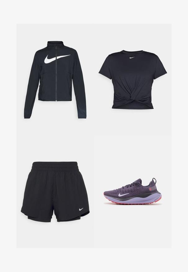 Veste de sport noire zippée sur toute la longueur avec un col haut, des manches longues et un grand logo Nike swoosh blanc sur la poitrine.; T-shirt de sport noir en tissu lisse, avec un design avant noué et un petit logo Nike blanc sur la poitrine.; Shorts de sport noirs avec un waistband élastique froncé, doublure intérieure et logo Nike blanc sur le bas à gauche. Tissu lisse et léger.; Chaussure de sport violette avec une tige respirante, des accents gris, une semelle rembourrée et une semelle extérieure texturée rouge. Présente un logo blanc prominent.