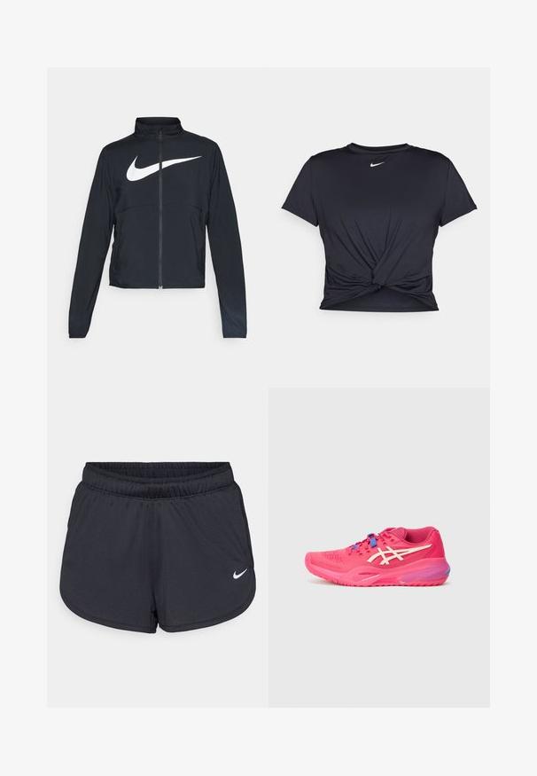 Černá sportovní bunda na zip s vysokým límcem, dlouhými rukávy a velkým bílým logem Nike swoosh přes prsa.; Černé sportovní tričko vyrobené z hladkého materiálu, s uzlovým designem vpředu a malým bílým logem Nike na hrudi.; Černé sportovní šortky vyrobené z lehké, prodyšné látky. Obsahují elastický pás a bílé logo Nike na dolní pravé straně.; Sportovní boty v živé růžové barvě, s prodyšnou texturou, minimalistickým designem, bílými akcenty a modrými tkaničkami. Zakřivená podrážka s aerodynamickým tvarem.