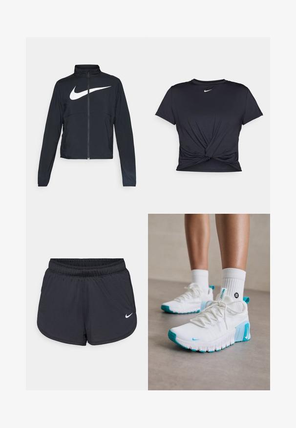 Černá sportovní bunda na zip s vysokým límcem, dlouhými rukávy a velkým bílým logem Nike swoosh přes prsa.; Černé sportovní tričko vyrobené z hladkého materiálu, s uzlovým designem vpředu a malým bílým logem Nike na hrudi.; Černé atletické šortky s elastickým pasem, sportovním designem a bílým logem Nike na spodní přední straně. Texturovaná látka.; Bílé sportovní boty s tyrkysovými akcenty, strukturovaný svršek, flexibilní podešev a šňůrky. Nosené s bílými kotníkovými ponožkami.