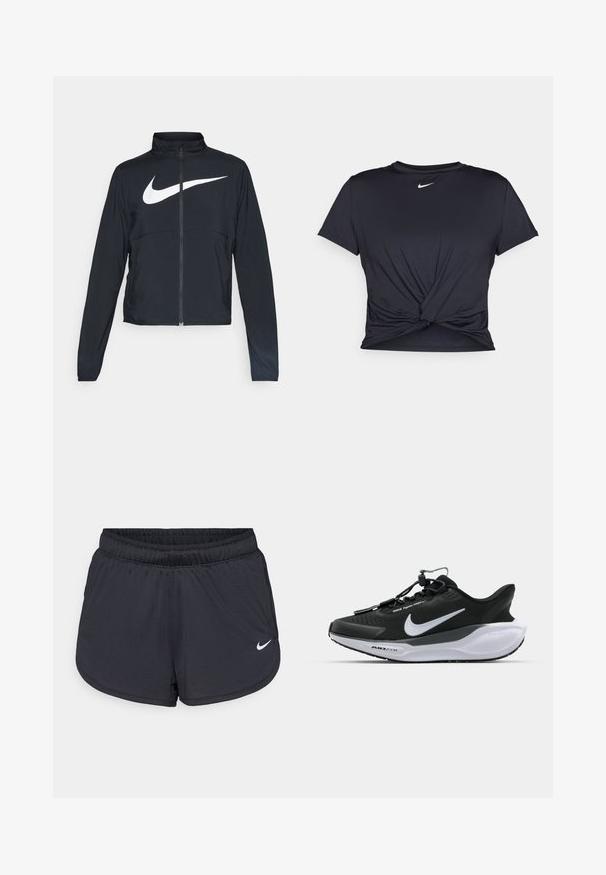 Musta urheilutakki, jossa on täysivetoketju, korkea kaulus, pitkät hihat ja suuri valkoinen Nike-tikkauksella rintaosa.; Musta urheilu T-paita, joka on valmistettu sileästä kankaasta, jossa on solmittu etuosa ja pieni valkoinen Nike-logo rinnassa.; Mustat urheilushortsit, joissa on joustava vyötärö, urheilullinen muotoilu ja valkoinen Nike-logo alareunassa edessä. Pintakuvioitu kangas.; Mustat urheilukengät, joissa on teksturoitu yläosa, kontrastivärinen valkoinen logo ja pehmeä valkoinen pohja. Varustettu nopealla nauhakiinnitysjärjestelmällä helppoa pukemista varten.
