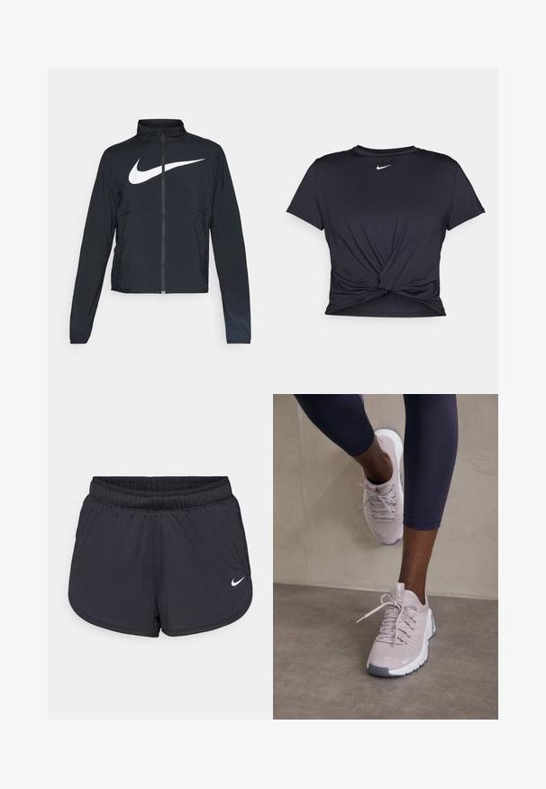 Giacca sportiva nera con zip completa, colletto alto, maniche lunghe e grande logo swoosh bianco Nike sul petto.; Maglietta atletica nera realizzata in tessuto liscio, con un design anteriore annodato e un piccolo logo Nike bianco sul petto.; Pantaloncini sportivi neri con cintura elastica, caratterizzati da un design sportivo e un logo Nike bianco sulla parte anteriore inferiore. Tessuto strutturato.; Scarpe sportive grigio chiaro con tomaia strutturata, chiusura con lacci e suola bianca, abbinate a leggins scuri. Design minimalista e dettagli lisci.