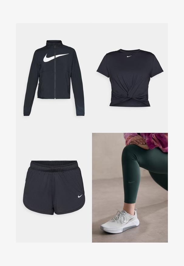 Zwarte sportjas met volledige rits, hoge kraag, lange mouwen en groot wit Nike swoosh-logo op de borst.; Zwarte sportieve T-shirt van gladde stof, met een geknoopt ontwerp aan de voorkant en een klein wit Nike-logo op de borst.; Zwarte sportieve shorts met een elastische tailleband, een sportief ontwerp en een wit Nike-logo aan de voorkant onderaan. Getextureerde stof.; Nike hardloopschoenen in lichtgrijs met een gestructureerde bovenkant, grijze accenten en een witte zool, gecombineerd met donkergroene legging met een logo.