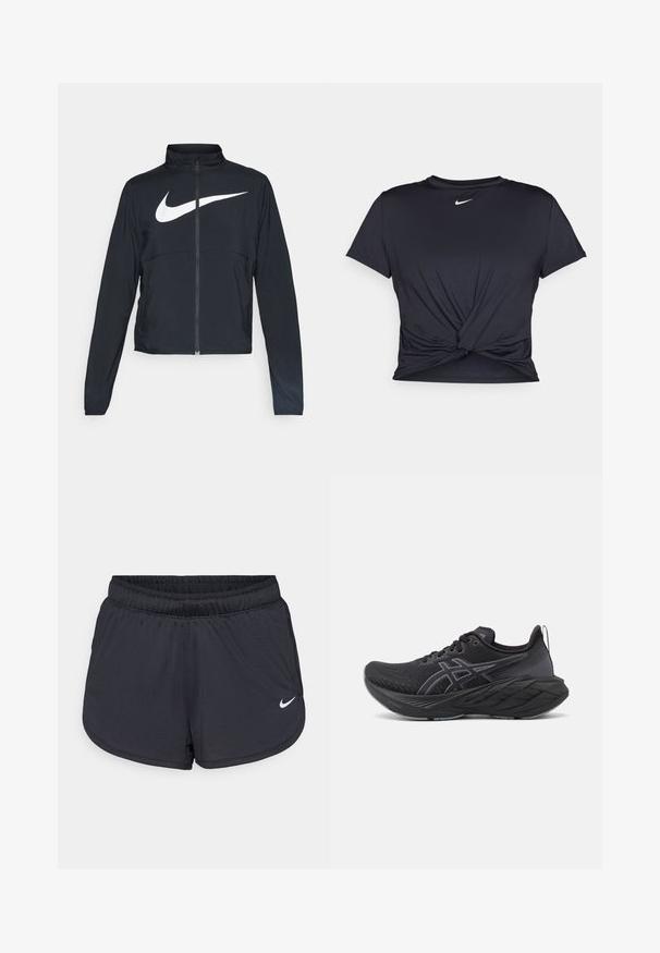 Veste de sport noire zippée sur toute la longueur avec un col haut, des manches longues et un grand logo Nike swoosh blanc sur la poitrine.; T-shirt de sport noir en tissu lisse, avec un design avant noué et un petit logo Nike blanc sur la poitrine.; Shorts de sport noirs avec une taille élastique, présentant un design sportif et un logo Nike blanc sur le bas à l'avant. Tissu texturé.; ASICS NOVABLAST 4 - Chaussures de running sur route - black/graphite grey