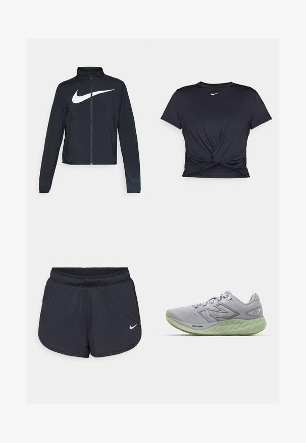 Giacca sportiva nera con zip completa, colletto alto, maniche lunghe e grande logo swoosh bianco Nike sul petto.; Maglietta atletica nera realizzata in tessuto liscio, con un design anteriore annodato e un piccolo logo Nike bianco sul petto.; Pantaloncini sportivi neri con cintura elastica, caratterizzati da un design sportivo e un logo Nike bianco sulla parte anteriore inferiore. Tessuto strutturato.; Scarpa da corsa grigia chiara con tomaia tessurizzata, laccio standard e suola ammortizzata verde. Presenta dettagli in gomma sagomati e branding.