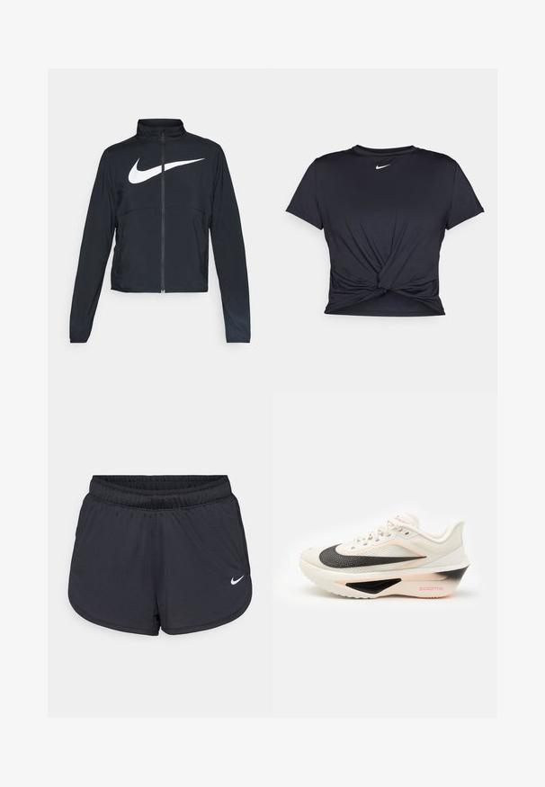 Fekete, teljes cipzáros sportdzseki magas gallérral, hosszú ujjal, amelyen egy nagy, fehér Nike logó található a mellkason.; Fekete sportpóló sima anyagból, elöl megkötős dizájnnal, a mellkason egy kis fehér Nike logóval.; Fekete sport rövidnadrág elasztikus derékpánttal, sportos kialakítással és egy fehér Nike logóval az elején alul. Texturált anyag.; Fehér sportcipő fekete és rózsaszín középtalppal, textúrált felsőrésszel és kiemelkedő Nike logóval, fűzőkkel és párnázott bokarészel.