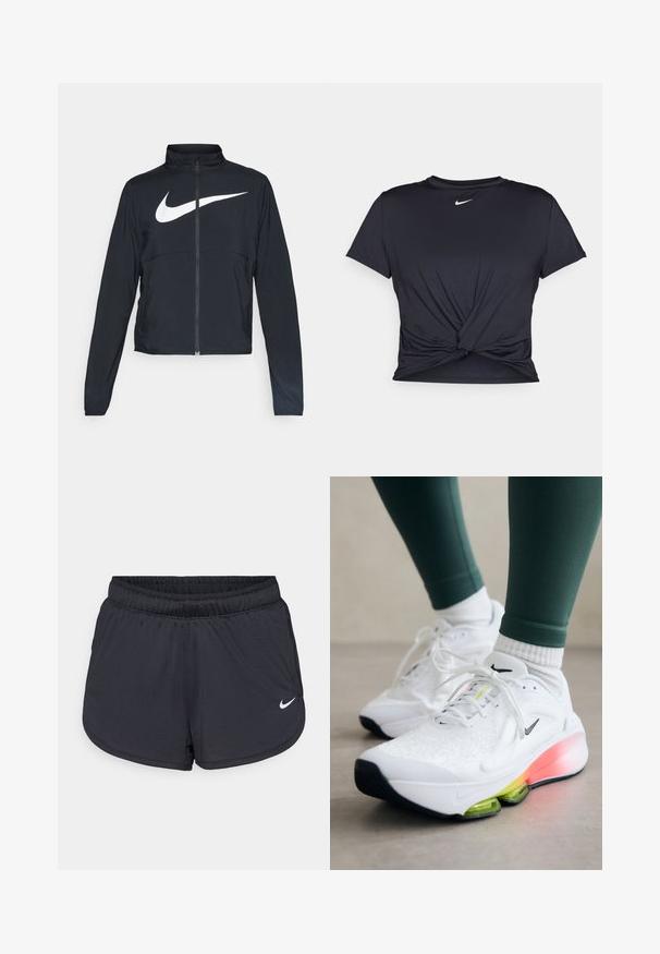Black full-zip sports jacket with high collar, long sleeves, and large white Nike swoosh logo across the chest.; Black athletic t-shirt made of smooth fabric, featuring a knotted front design and a small white Nike logo on the chest.; Black athletic shorts with an elastic waistband, featuring a sporty design and a white Nike logo on the lower front. Textured fabric.; Nike Performance VERSAIR - Training shoe - white/cyber volt/black