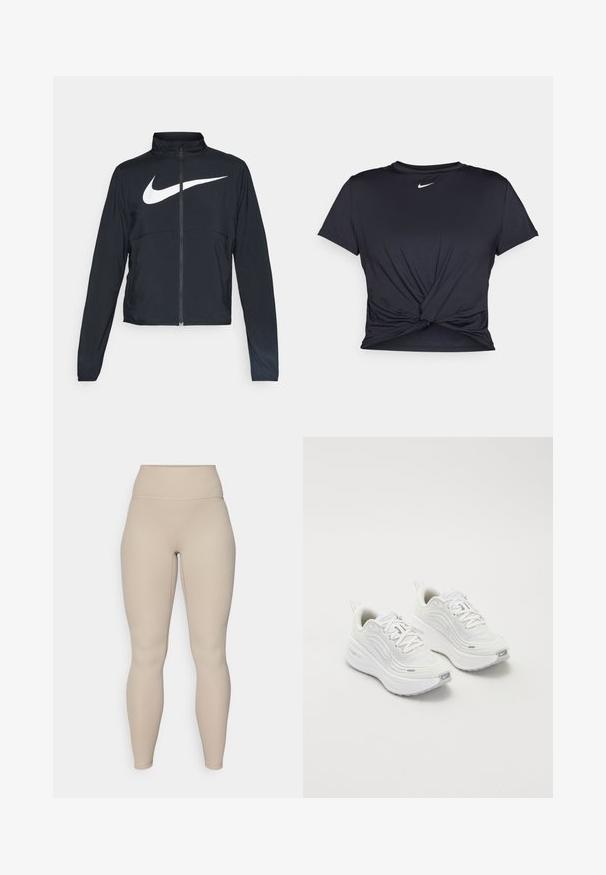 Černá sportovní bunda na zip s vysokým límcem, dlouhými rukávy a velkým bílým logem Nike swoosh přes prsa.; Černé sportovní tričko vyrobené z hladkého materiálu, s uzlovým designem vpředu a malým bílým logem Nike na hrudi.; Krémové vysoké legíny s ribbovanou texturou, s hladkým pasem a přiléhavými nohavicemi, navržené pro pohodlí a flexibilitu.; Bílé sportovní boty s texturovaným síťovým svrškem, polstrovanou podešví a jemnými šedými akcenty. Obsahují branding a smyčku na patě pro snadné obouvání.