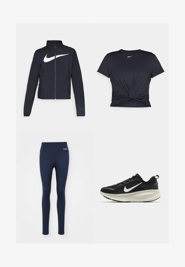 Jachetă sport neagră cu fermoar pe toată lungimea, guler înalt, mâneci lungi și un logo mare alb Nike swoosh pe piept.; Tricou sport negru din material neted, cu un design frontal legat și un mic logo Nike alb pe piept.; Leggings bleumarin din material elastic, cu un talie lată și un logo contrastant "STRONGER" pe talie, având accente texturate pe laterale.; Pantofii de alergare negri de la Nike, cu parte superioară din plasă respirabilă, logo-ul alb Swoosh, detalii texturate și o talpă intermediară ZoomX de culoare crem.