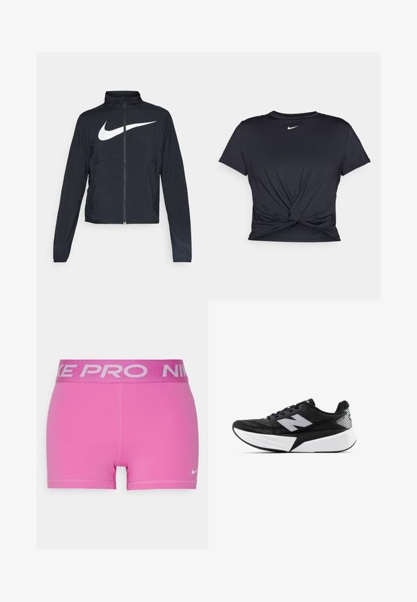 Čierna športová bunda na zips s vysokým golierom, dlhými rukávmi a veľkým bielym logom Nike na hrudi.; Čierne atletické tričko vyrobené z hladkej tkaniny, so zaväzovaným predným dizajnom a malým bielym logom Nike na hrudi.; Ružové športové šortky so širokým šedým pásom Nike Pro. Vyrobené z hladkého, elastického materiálu s plochými švami a malým logom Nike.; Čierno-biele bežecké topánky New Balance s hrubou podrážkou, sieťovinovým zvrškom a logom "N" na boku, zobrazené z vonkajšej strany.