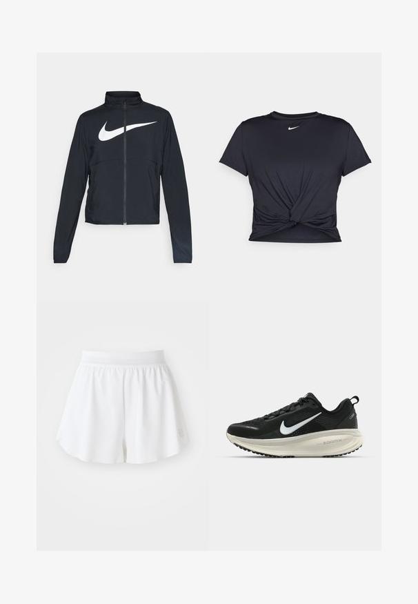 Jachetă sport neagră cu fermoar pe toată lungimea, guler înalt, mâneci lungi și un logo mare alb Nike swoosh pe piept.; Tricou sport negru din material neted, cu un design frontal legat și un mic logo Nike alb pe piept.; Șorturi sportive albe cu o textură netedă, talie elastică și design evazat. Prezintă un mic logo în colțul din dreapta jos.; Pantofii de alergare negri de la Nike, cu parte superioară din plasă respirabilă, logo-ul alb Swoosh, detalii texturate și o talpă intermediară ZoomX de culoare crem.