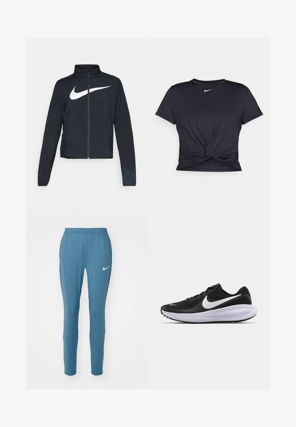 Crna sportska jakna s punim patentnim zatvaračem, visokim ovratnikom, dugim rukavima i velikim bijelim Nike swoosh logom preko grudi.; Crni trenirac s kratkim rukavima izrađen od glatkog materijala, s čvorastim dizajnom sprijeda i malim bijelim Nike logotipom na prsima.; Plave atletske hlače s uskim krojem, elastičnim pojasom i malim bijelim Nike logom na lijevom bedru. Glatki, lagani materijal.; Crne sportske tenisice s teksturiranim mrežastim gornjim dijelom, bijelim swoosh logotipom, podstavljenim ovratnikom i debelim, podstavljenim bijelim srednjim dijelom. Guma potplat.