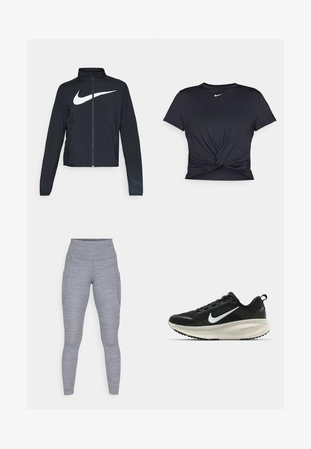 Must musta täispikk vary hoodie kõrge krae, pikad varrukad ja suur valge Nike swooshi logo rinnal.; Mustmust musta sportlik T-särk, mis on valmistatud sujuvast kangast, millel on sõlmega esikülg ja väike valge Nike logo rinnal.; Hallide spord leggingsid tekstuurse kangaga, kõrge vöökoht ja küljetaskud. Disain on figuuri rõhutav ja ühtlane.; Musthave mustus Nike jooksujalats, millel on hingav võrgust ülemine osa, valge swoosh logo, tekstuuriga detailid ja kreemja värvusega ZoomX vahevöö.
